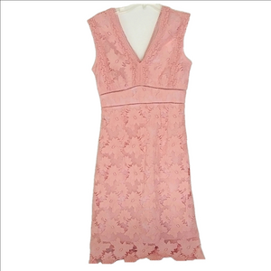 ALLOVIN Sleeveless V Neck‎ Floral Lace Lined Dress Knee Length Midi Peach Size S